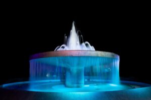 Fountain,bath,decorates,the,garden,beautifully,at,night.fountain,with,colored